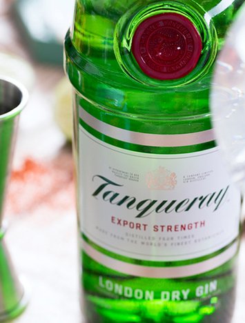 Close up of Tanqueray bottle